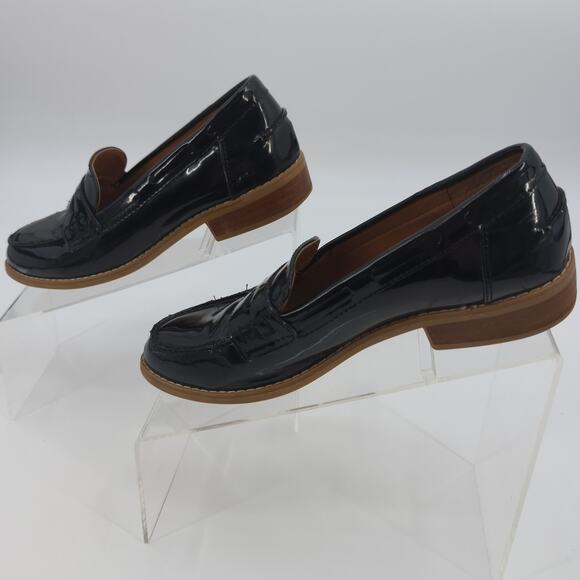Steve Madden Patent Leather Penny Loafers Black Mellany Size 7 Stacked Heel - Picture 7 of 11